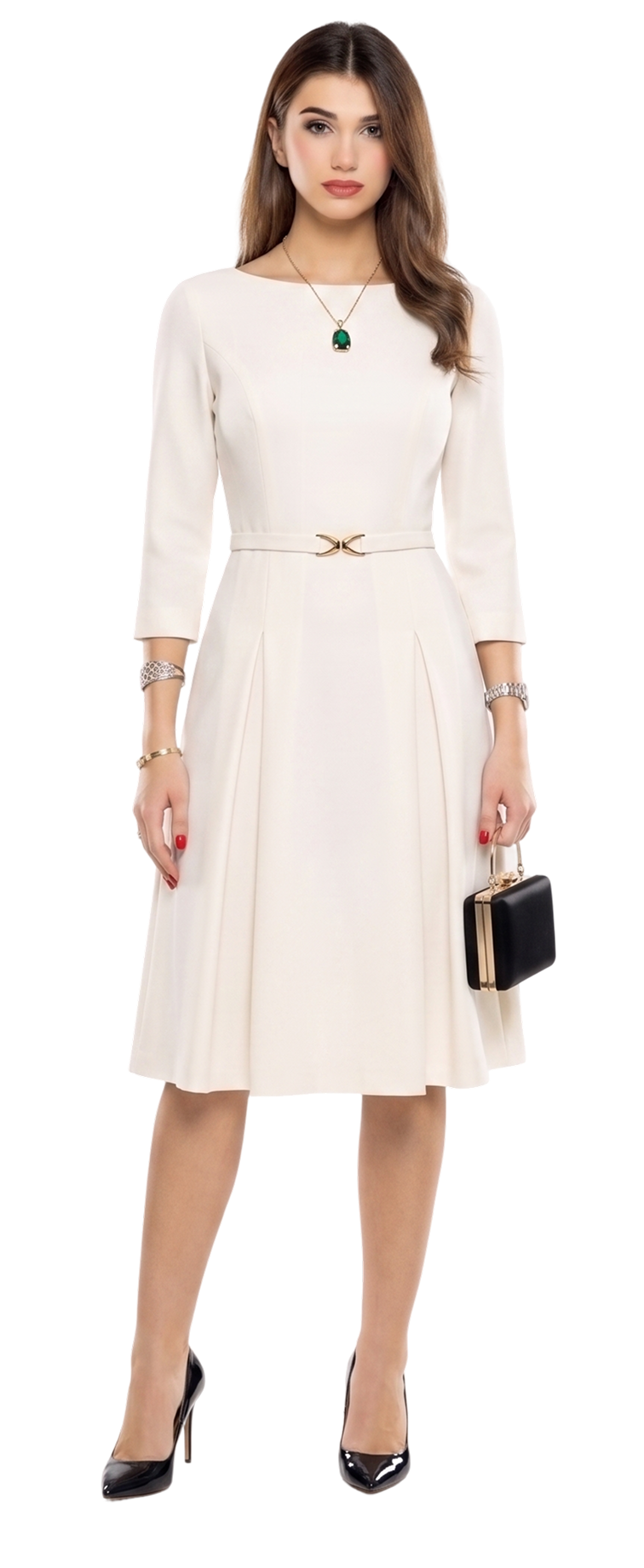 Abito midi avorio con clutch nera